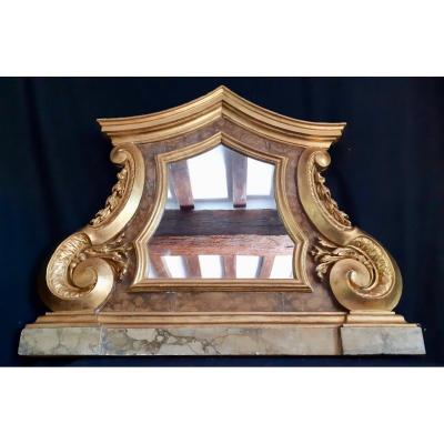 Grand Miroir En Bois Peint, Italie XVIIIème (h 95 Cm L 114 Cm)