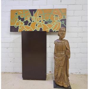 Large Sculpture Of Saint Man In Carved Wood 17th Century (94 Cm)