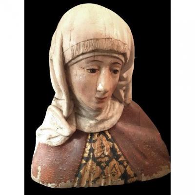 Allemagne Du Sud, Début XVIIème  :  Buste De Femme en bois polychromé ( H 36,5 Cm)