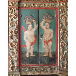 18th Century Italy, Golden Painted Cabinet With Putti Decor (h 160 Cm)