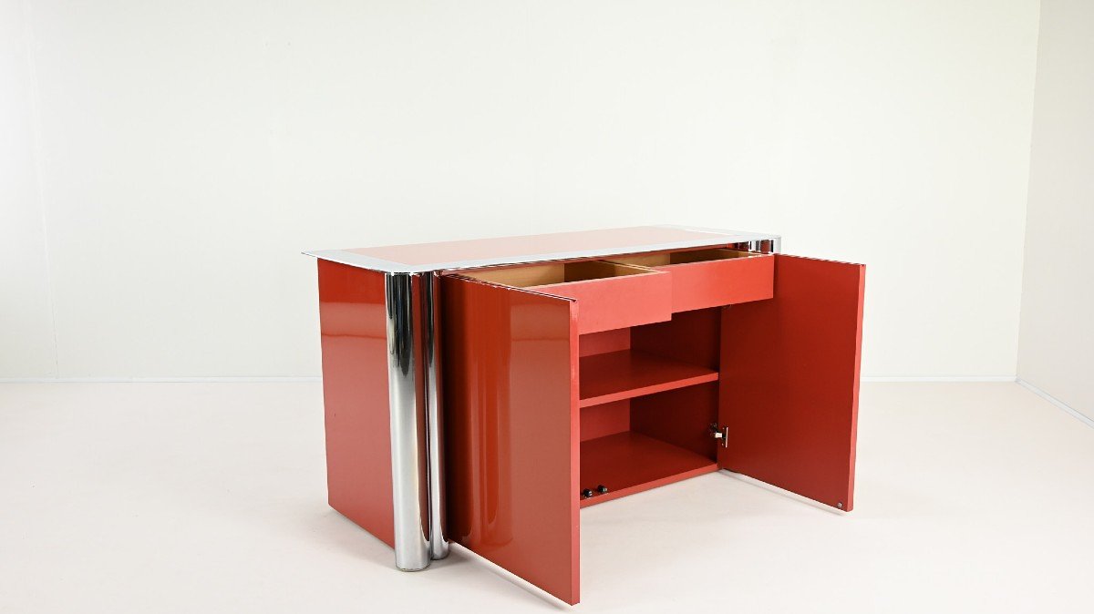 Antonello Mosca, Buffet Pour Cinova, Laque Et Chrome, Italie C.1969-photo-2
