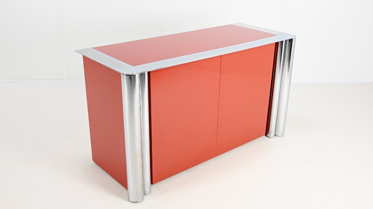 Antonello Mosca, Buffet Pour Cinova, Laque Et Chrome, Italie C.1969-photo-3