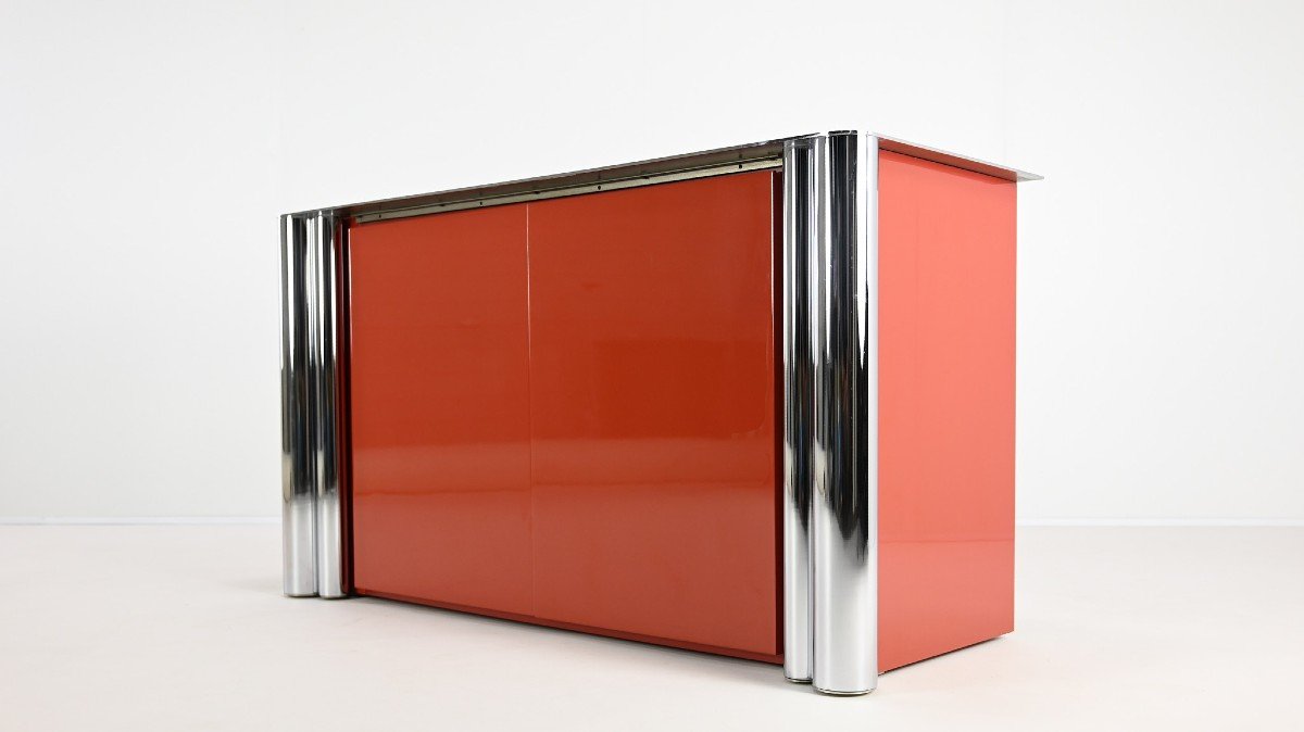 Antonello Mosca, Buffet Pour Cinova, Laque Et Chrome, Italie C.1969-photo-5