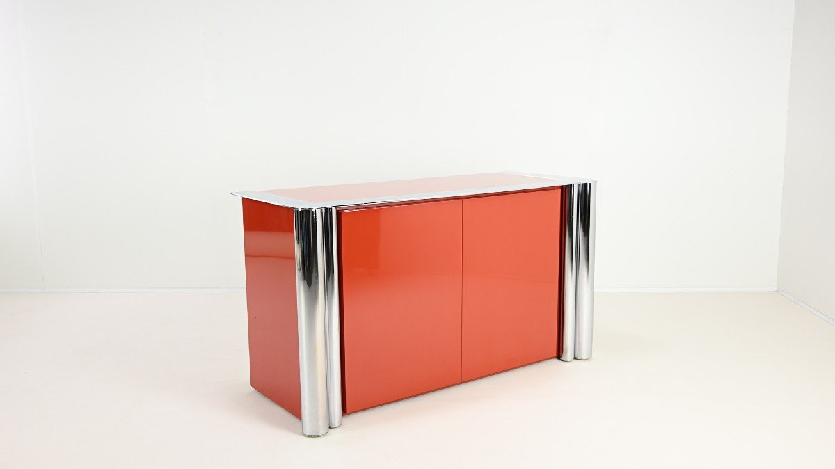 Antonello Mosca, Buffet Pour Cinova, Laque Et Chrome, Italie C.1969