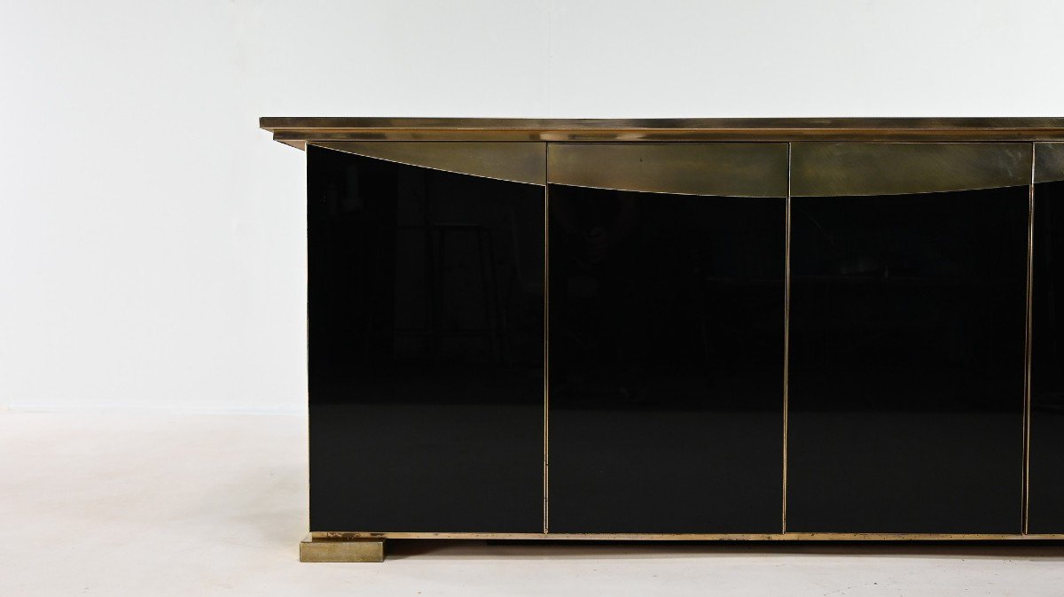 Hollywood Regency Sideboard, In Brass And Black Mirror. Belgium, C. 1970-photo-3
