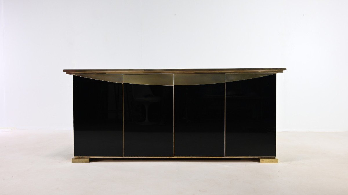 Hollywood Regency Sideboard, In Brass And Black Mirror. Belgium, C. 1970