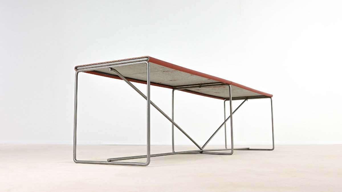  Banc Minimaliste, Cuir Et Acier. C.1980-photo-3