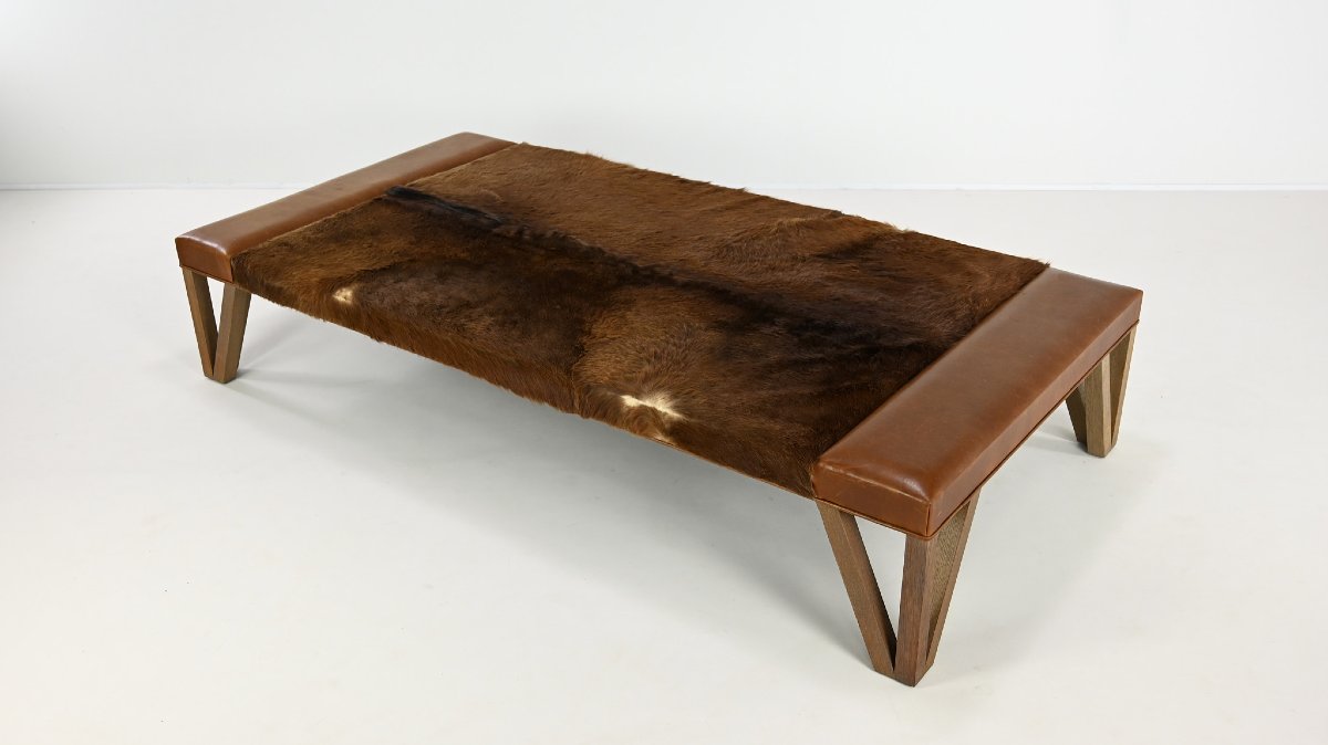 Lionel Jadot, Importante Banquette En Peau De Vachette, Cuir Et Chêne, C.2010-photo-4