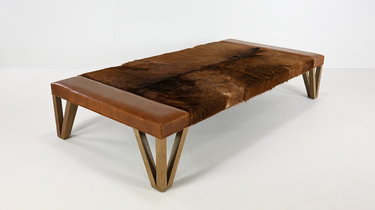 Lionel Jadot, Importante Banquette En Peau De Vachette, Cuir Et Chêne, C.2010-photo-4