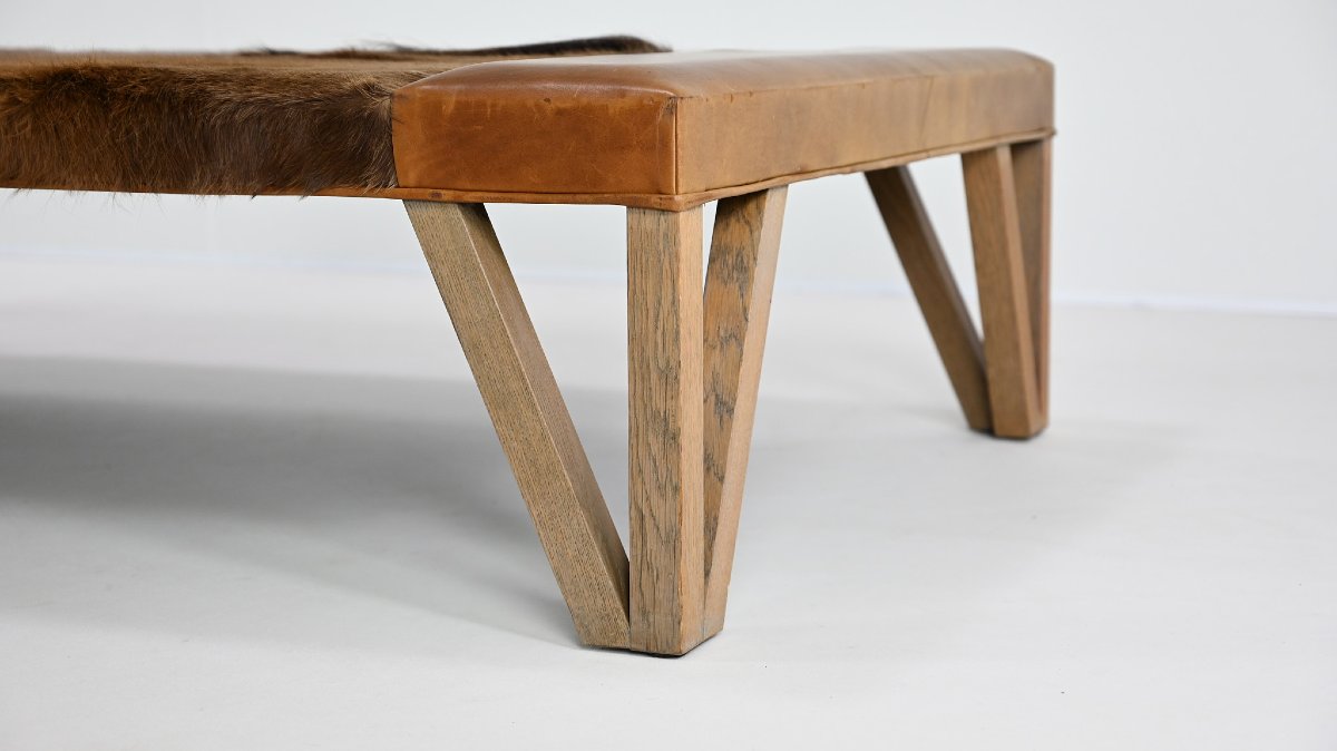 Lionel Jadot, Importante Banquette En Peau De Vachette, Cuir Et Chêne, C.2010-photo-6