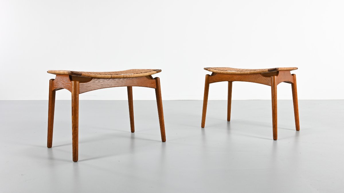 Sigfred Omann, paire de tabourets en chêne et cannage pour Ølholm Møbelfabrik. Danemark, C.1950-photo-2