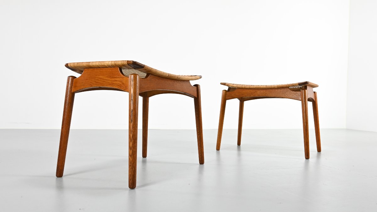 Sigfred Omann, paire de tabourets en chêne et cannage pour Ølholm Møbelfabrik. Danemark, C.1950-photo-3