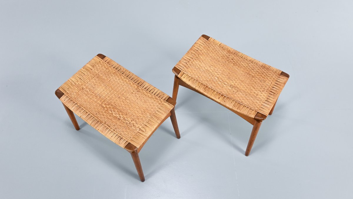 Sigfred Omann, paire de tabourets en chêne et cannage pour Ølholm Møbelfabrik. Danemark, C.1950-photo-4