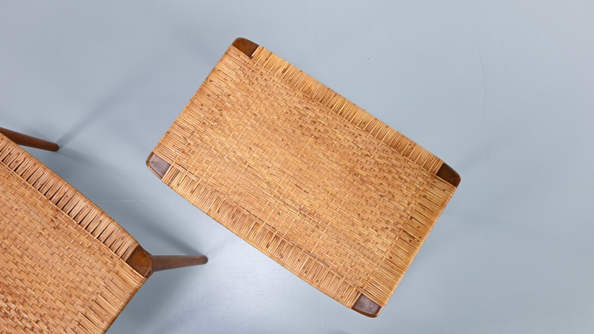 Sigfred Omann, paire de tabourets en chêne et cannage pour Ølholm Møbelfabrik. Danemark, C.1950-photo-1
