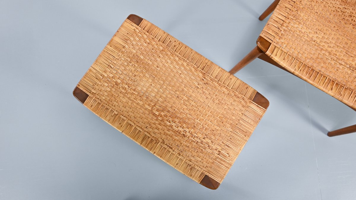Sigfred Omann, paire de tabourets en chêne et cannage pour Ølholm Møbelfabrik. Danemark, C.1950-photo-2