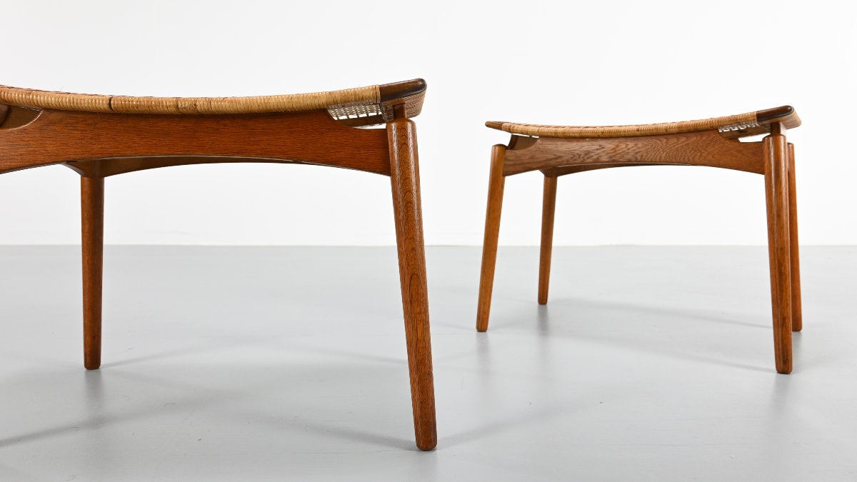 Sigfred Omann, paire de tabourets en chêne et cannage pour Ølholm Møbelfabrik. Danemark, C.1950-photo-3