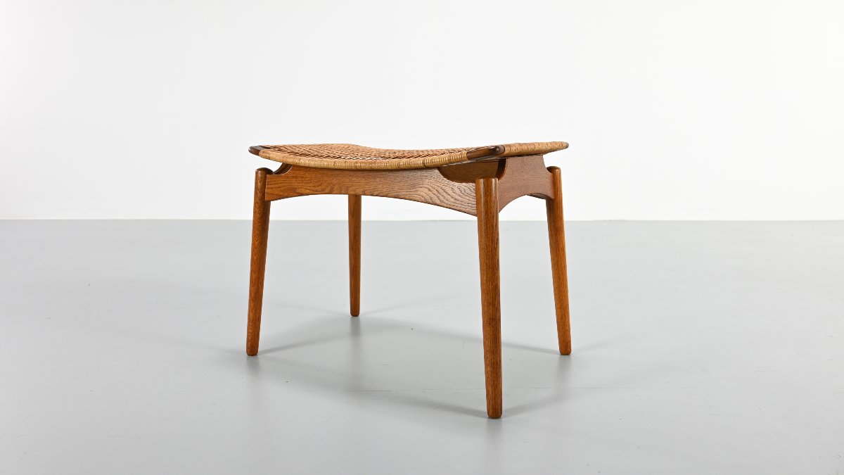 Sigfred Omann, paire de tabourets en chêne et cannage pour Ølholm Møbelfabrik. Danemark, C.1950-photo-5