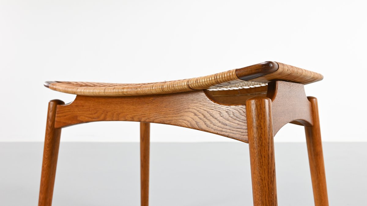 Sigfred Omann, paire de tabourets en chêne et cannage pour Ølholm Møbelfabrik. Danemark, C.1950-photo-6