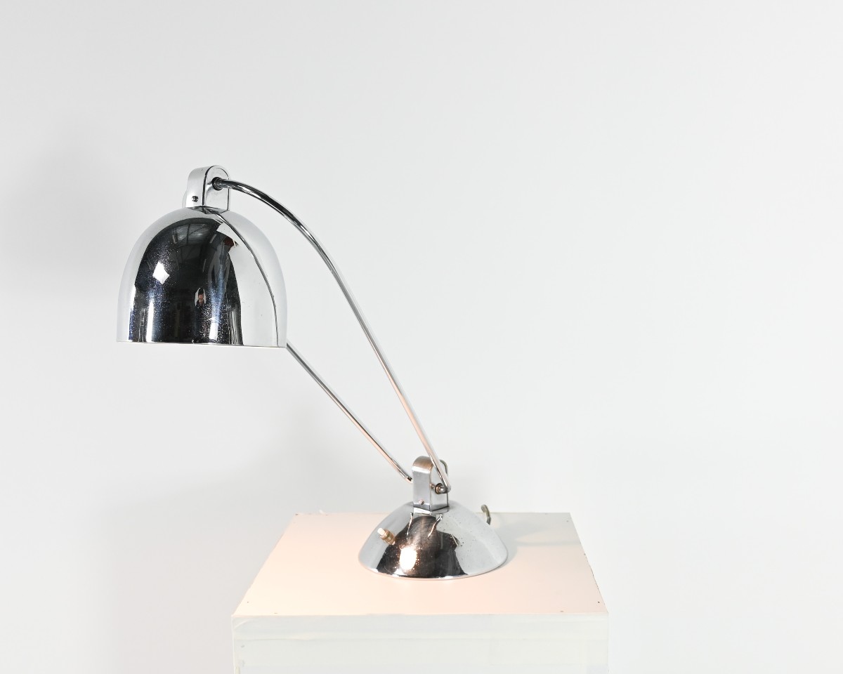 Lampe design Yves Jujeau et André Mounique pour Jumo. Métal chromé, France C.1930.