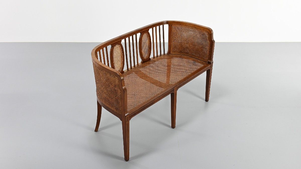 Vintage Caned Slant Bench, 1950s