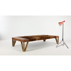 Lionel Jadot, Large Cowhide, Leather And Oak Bench, C.2010
