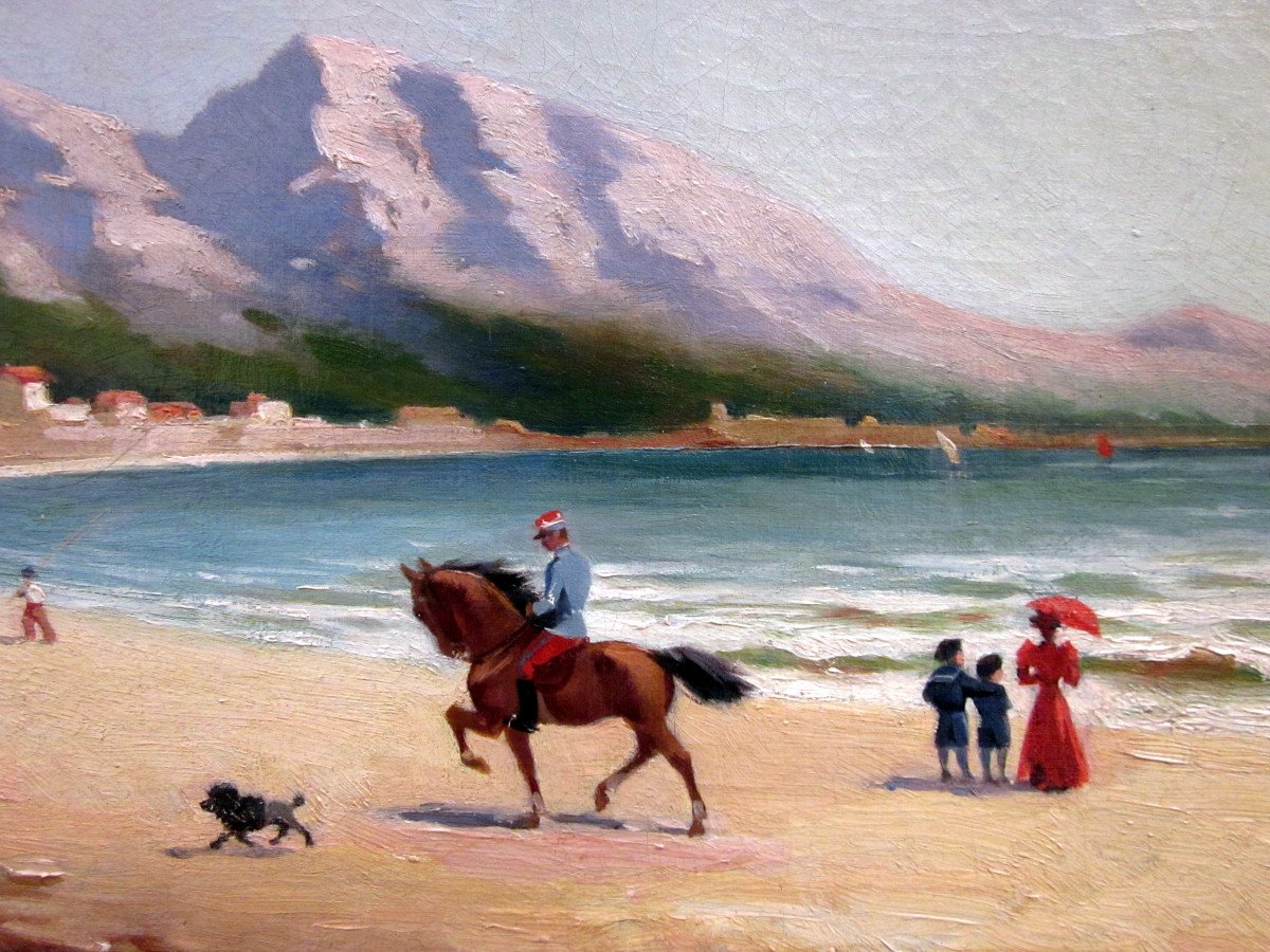 Jules Monge (1855-1934) Cavalier, Chien Et Personnages Sur La Plage Du Prado à Marseille-photo-4