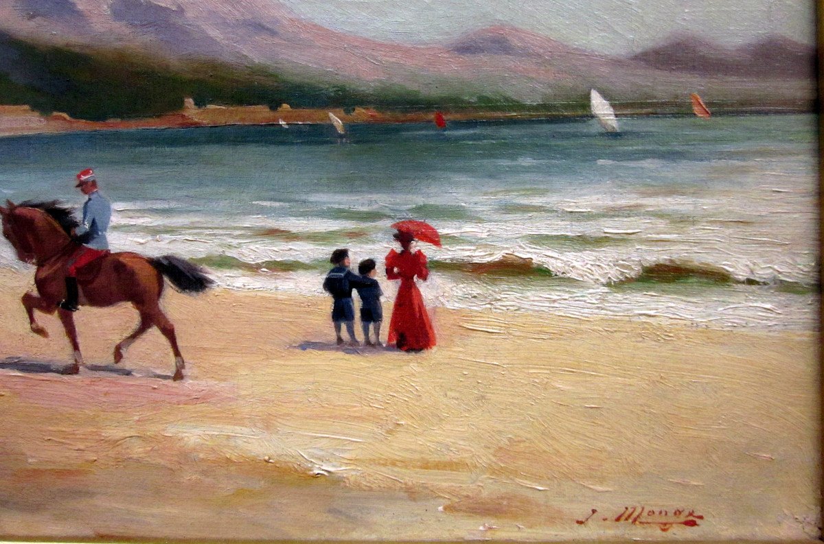 Jules Monge (1855-1934) Rider, Dog And Characters On The Prado Beach In Marseille-photo-2