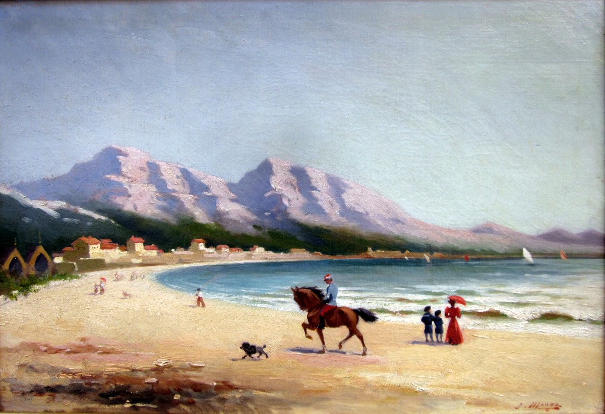 Jules Monge (1855-1934) Rider, Dog And Characters On The Prado Beach In Marseille