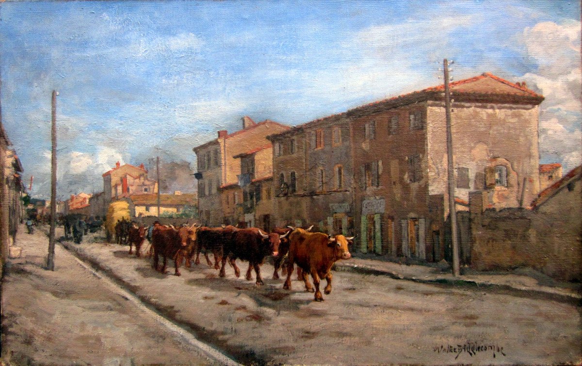 Walter Biddlecombe (1855-1903) Herd Of Cows Passing Through The Village-photo-3