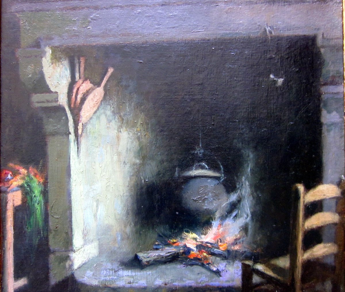 Marius Roux Renard (1870-1936) Intérieur Paysan à La Cheminée-photo-5