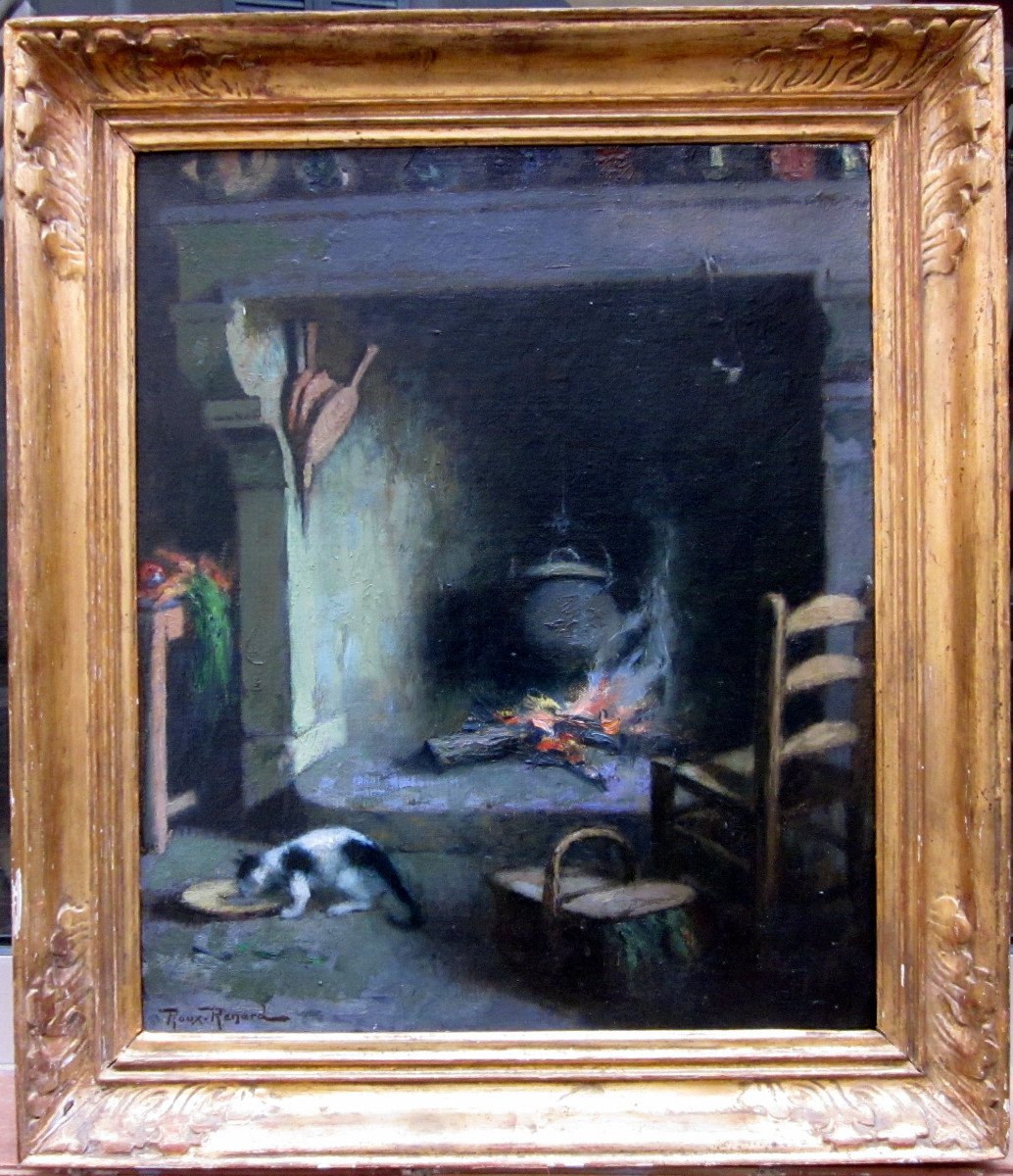 Marius Roux Renard (1870-1936) Intérieur Paysan à La Cheminée-photo-6