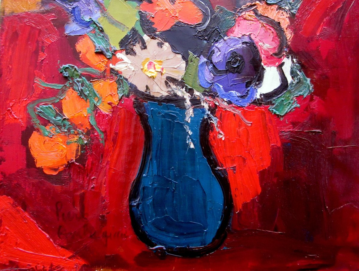 Pierre Ambrogiani (1907-1985) Bouquet Of Flowers In Blue Vase-photo-3