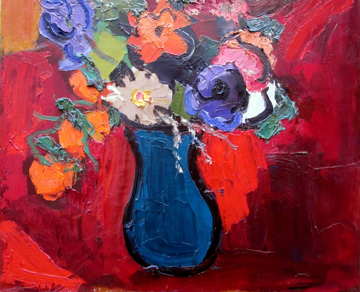 Pierre Ambrogiani (1907-1985) Bouquet Of Flowers In Blue Vase-photo-2