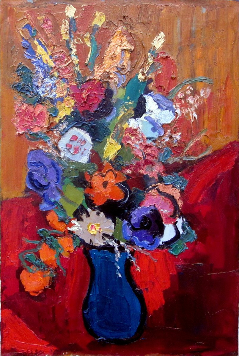 Pierre Ambrogiani (1907-1985) Bouquet Of Flowers In Blue Vase-photo-3