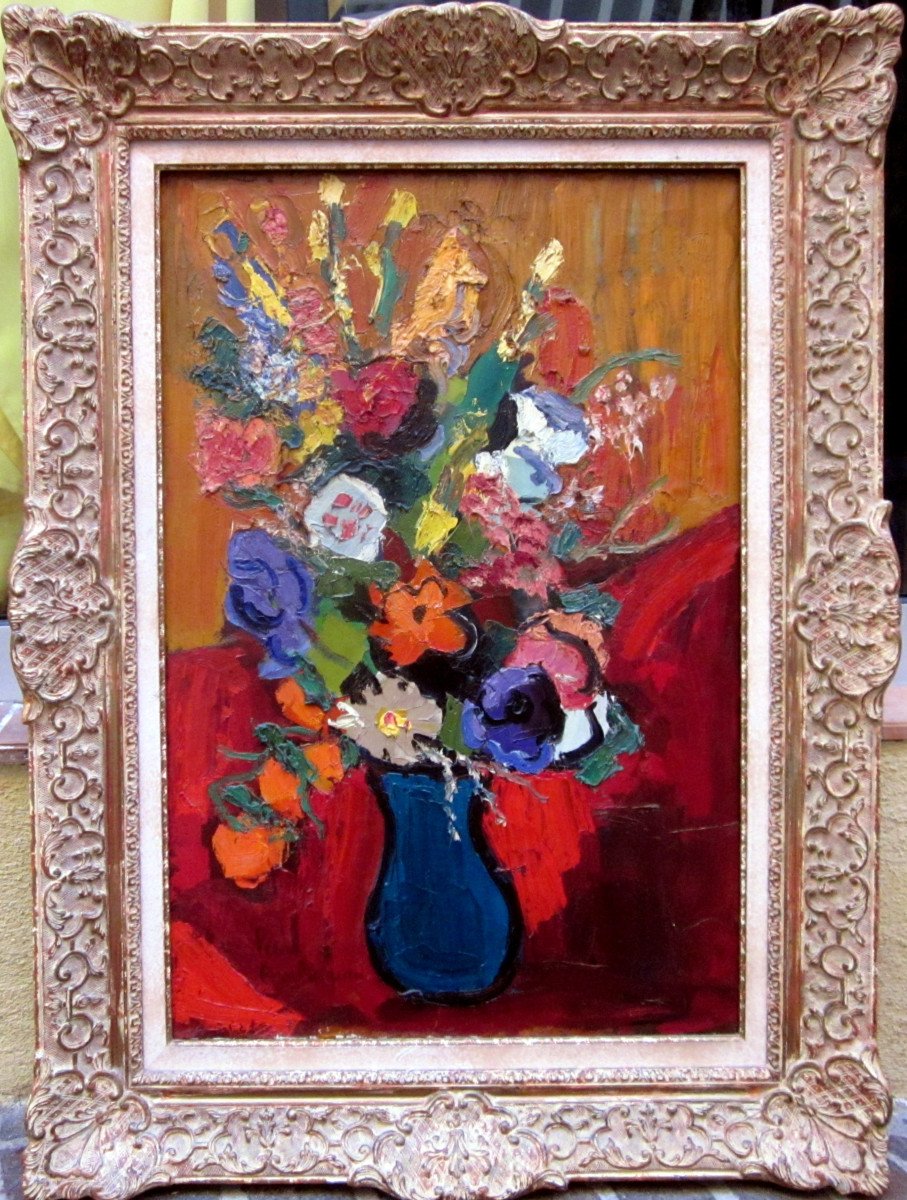 Pierre Ambrogiani (1907-1985) Bouquet Of Flowers In Blue Vase-photo-4