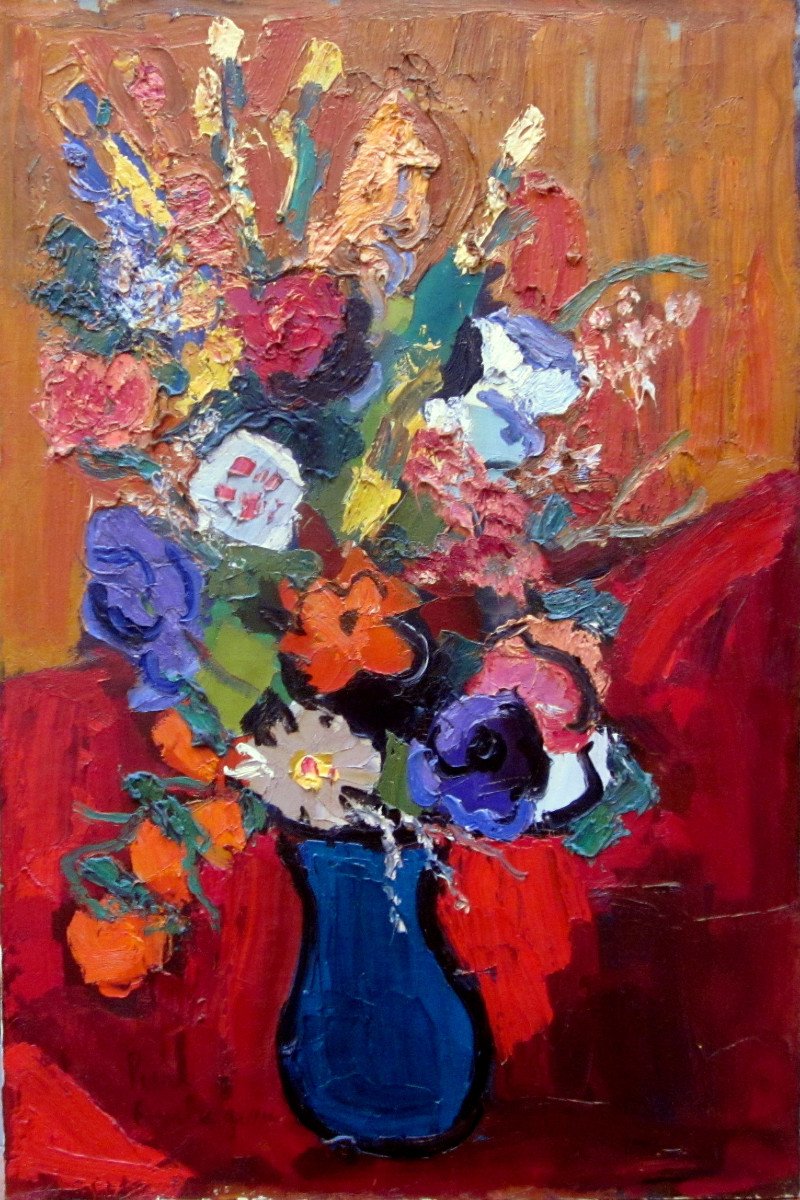 Pierre Ambrogiani (1907-1985) Bouquet Of Flowers In Blue Vase