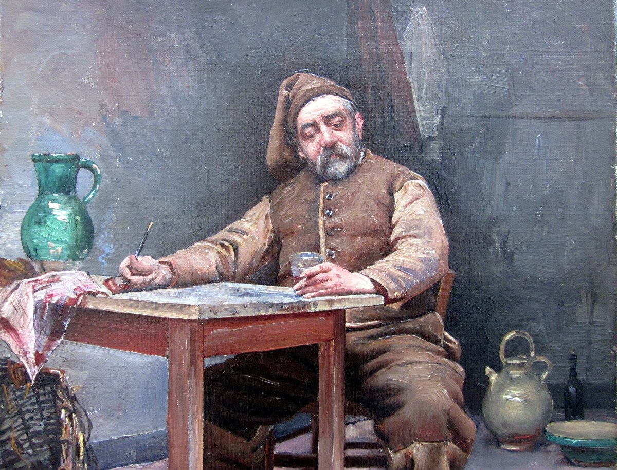 Marius Barthalot (1861-1955) Pêcheur Attablé Une Pipe Et Un Verre Dans Les Mains-photo-3