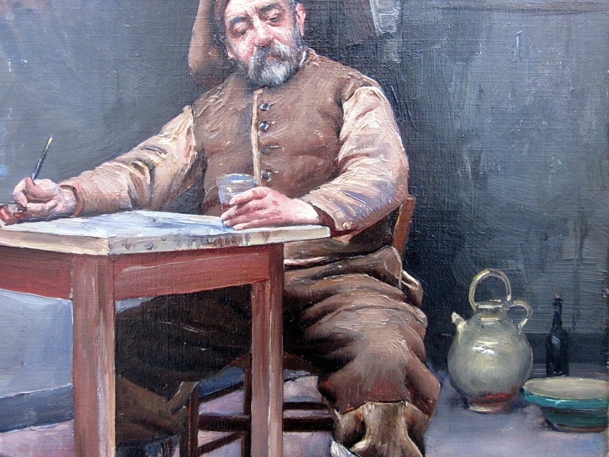 Marius Barthalot (1861-1955) Pêcheur Attablé Une Pipe Et Un Verre Dans Les Mains-photo-1