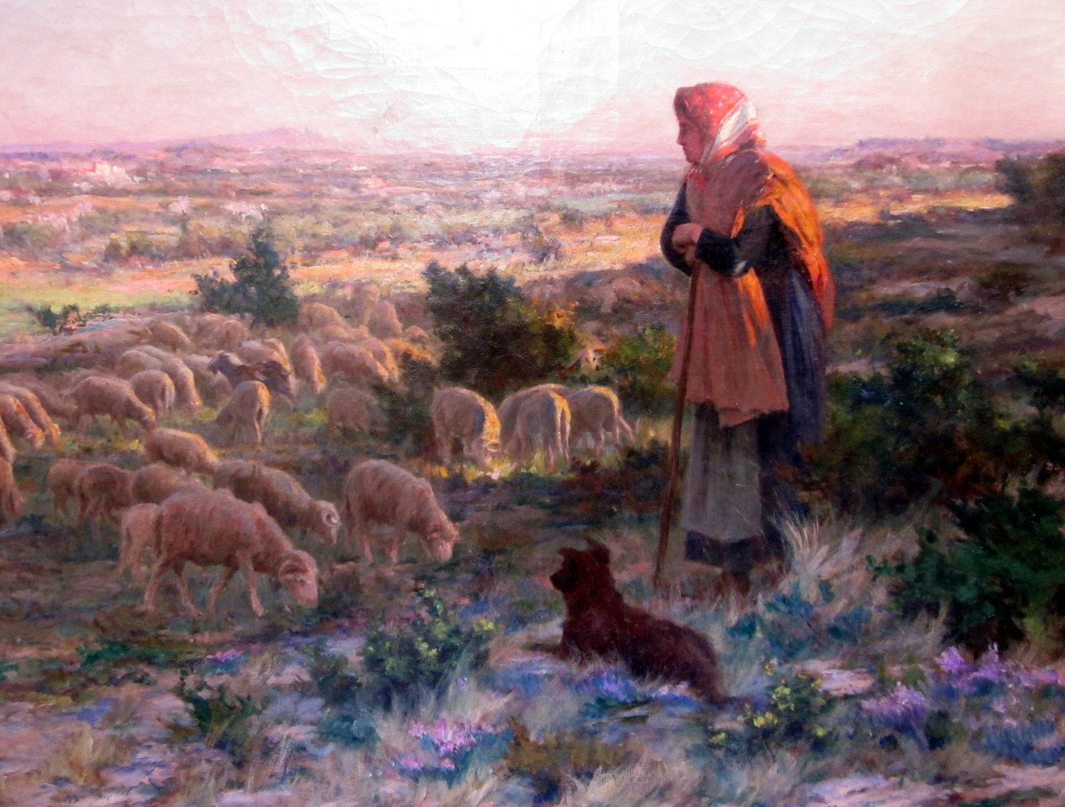 Théophile Mayan (1860-1936) Shepherdess And Her Dog Guarding The Sheep-photo-1