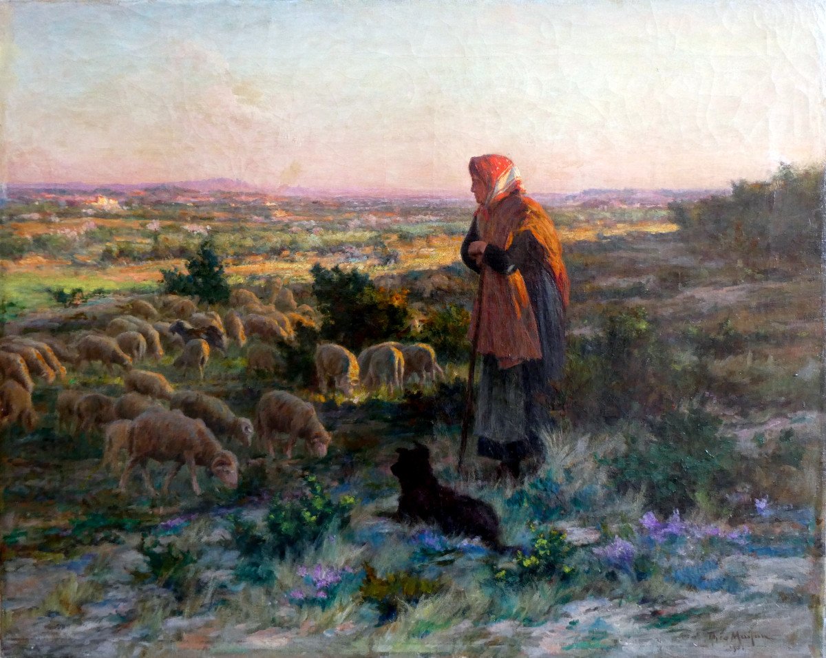 Théophile Mayan (1860-1936) Shepherdess And Her Dog Guarding The Sheep-photo-3