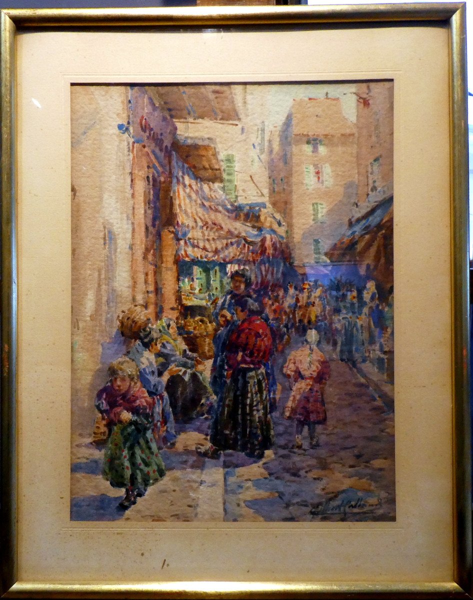 Gilbert Galland (1870-1950) Lively Street In The Old Quarters Of Marseille-photo-2