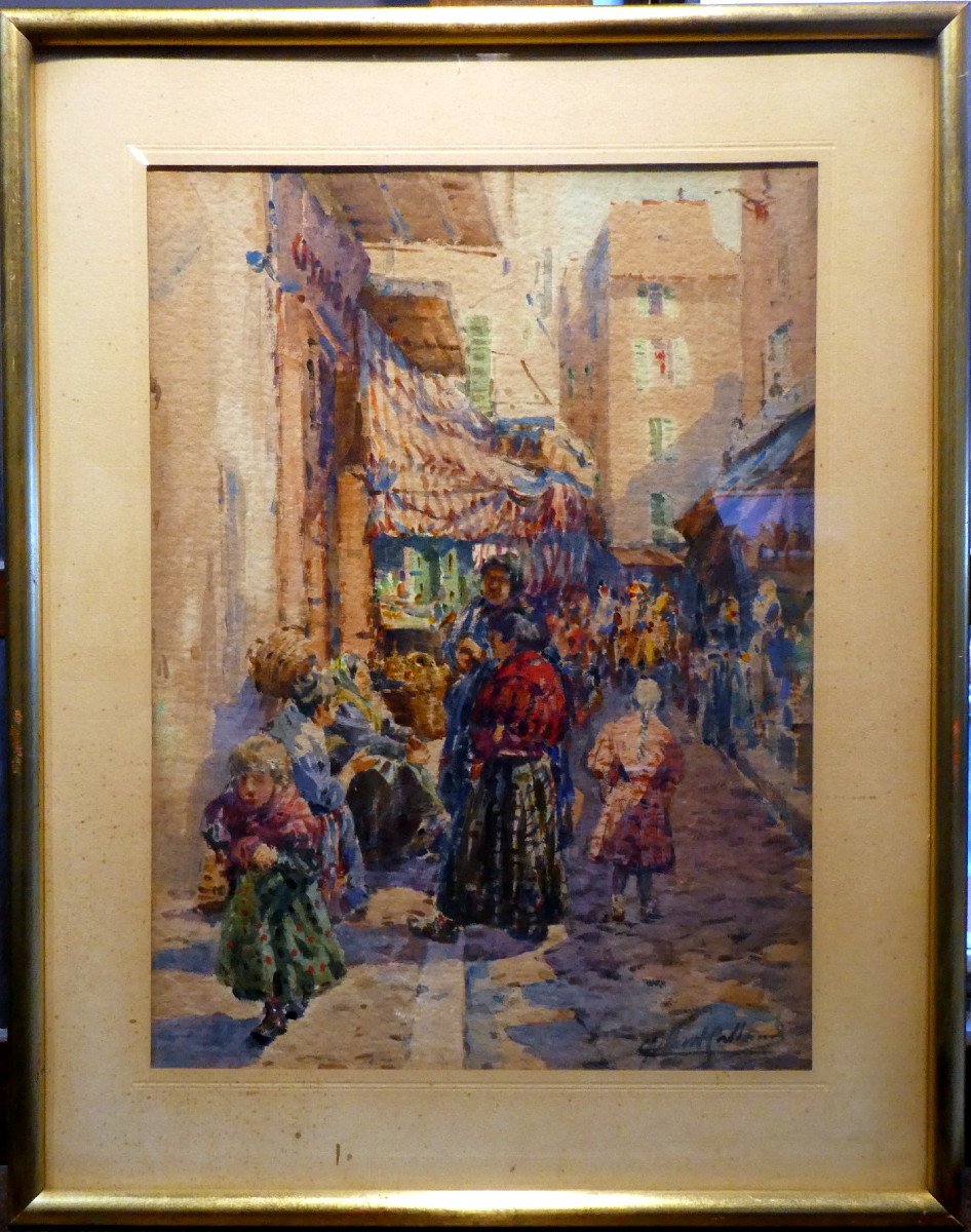 Gilbert Galland (1870-1950) Lively Street In The Old Quarters Of Marseille-photo-4