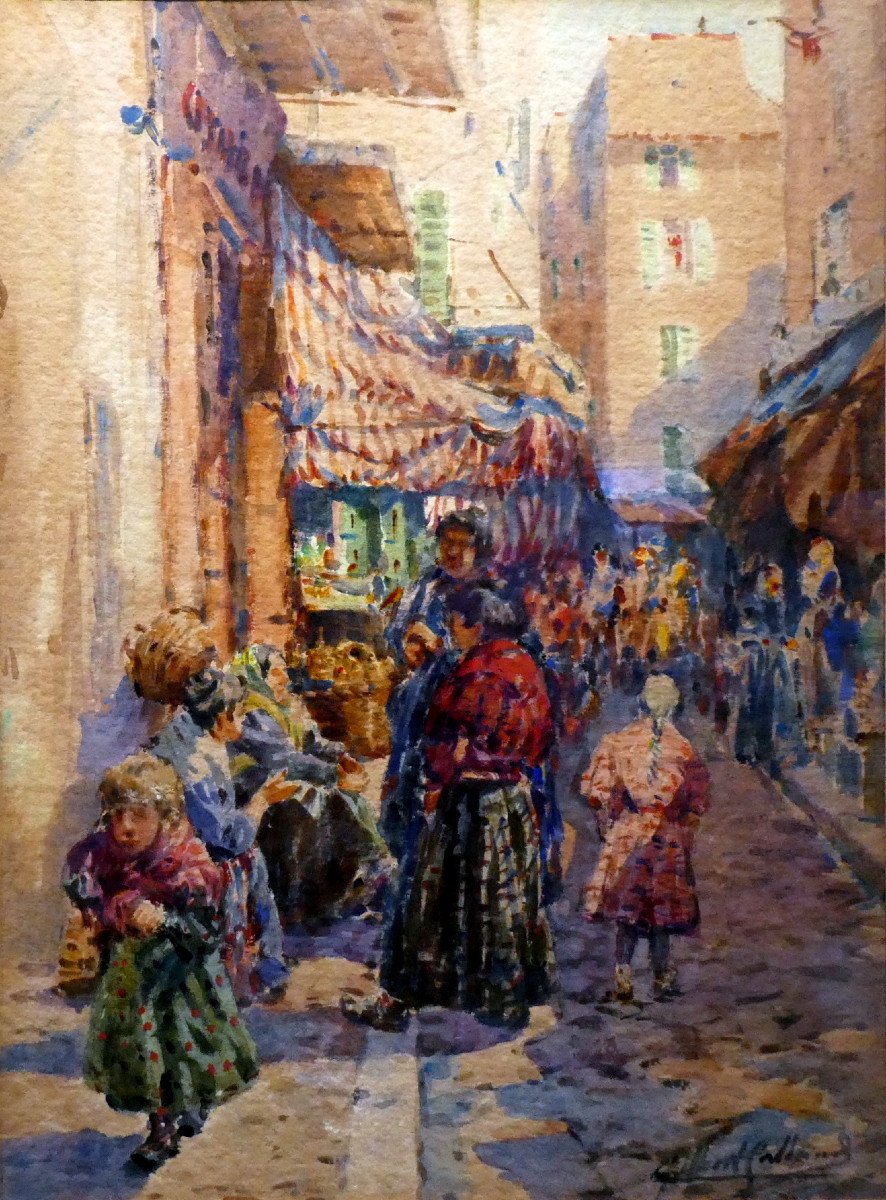 Gilbert Galland (1870-1950) Lively Street In The Old Quarters Of Marseille