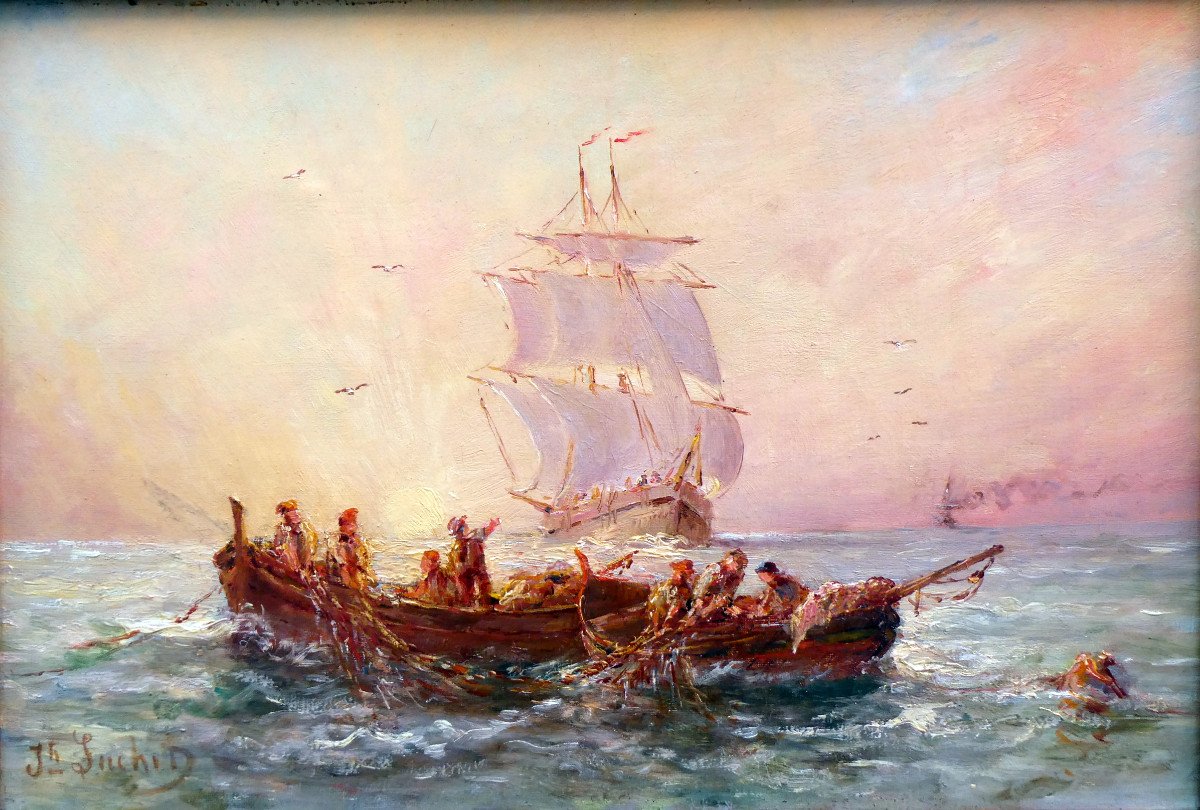 Joseph Suchet (1824-1896) Scène De Pêche En Haute Mer
