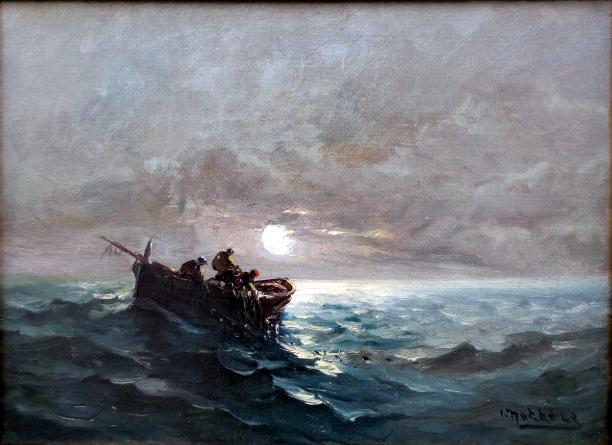 Louis Nattero (1870-1915) Moonlight Fishing Scene-photo-3
