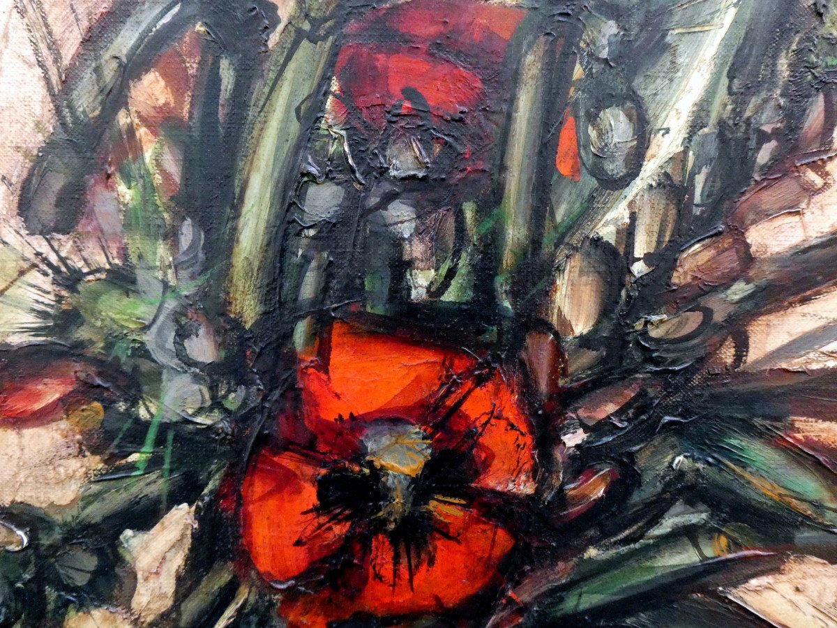 Franz Priking (1929-1979) Bouquet Of Poppies And Ears Of Wheat-photo-4
