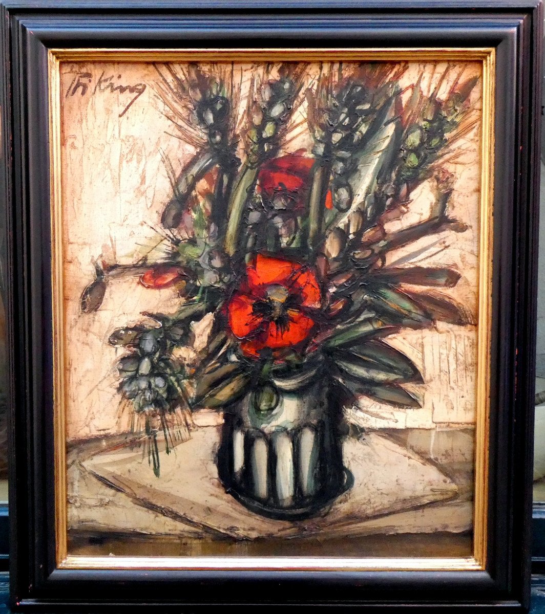 Franz Priking (1929-1979) Bouquet Of Poppies And Ears Of Wheat-photo-6