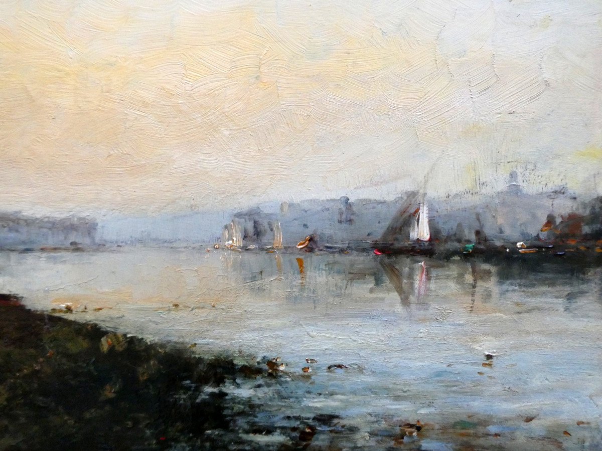 André Maglione (1838-1923) Sunset Over A Fishing Village-photo-3