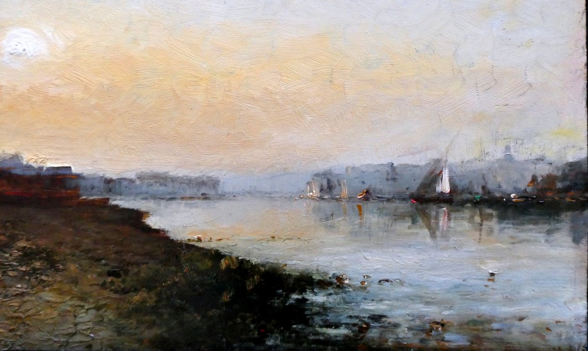 André Maglione (1838-1923) Sunset Over A Fishing Village-photo-2