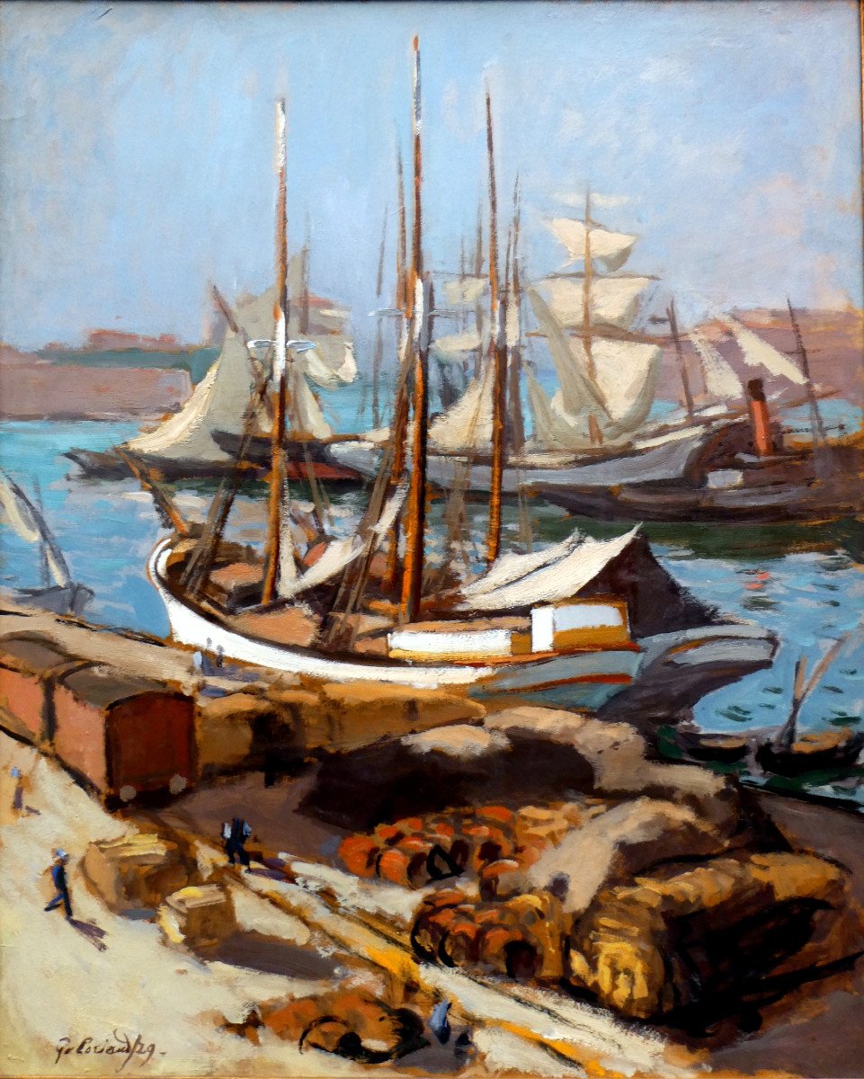 Josué Gaboriaud (1883-1955) Déchargement Des Barriques Sur Le Vieux Port De Marseille-photo-5